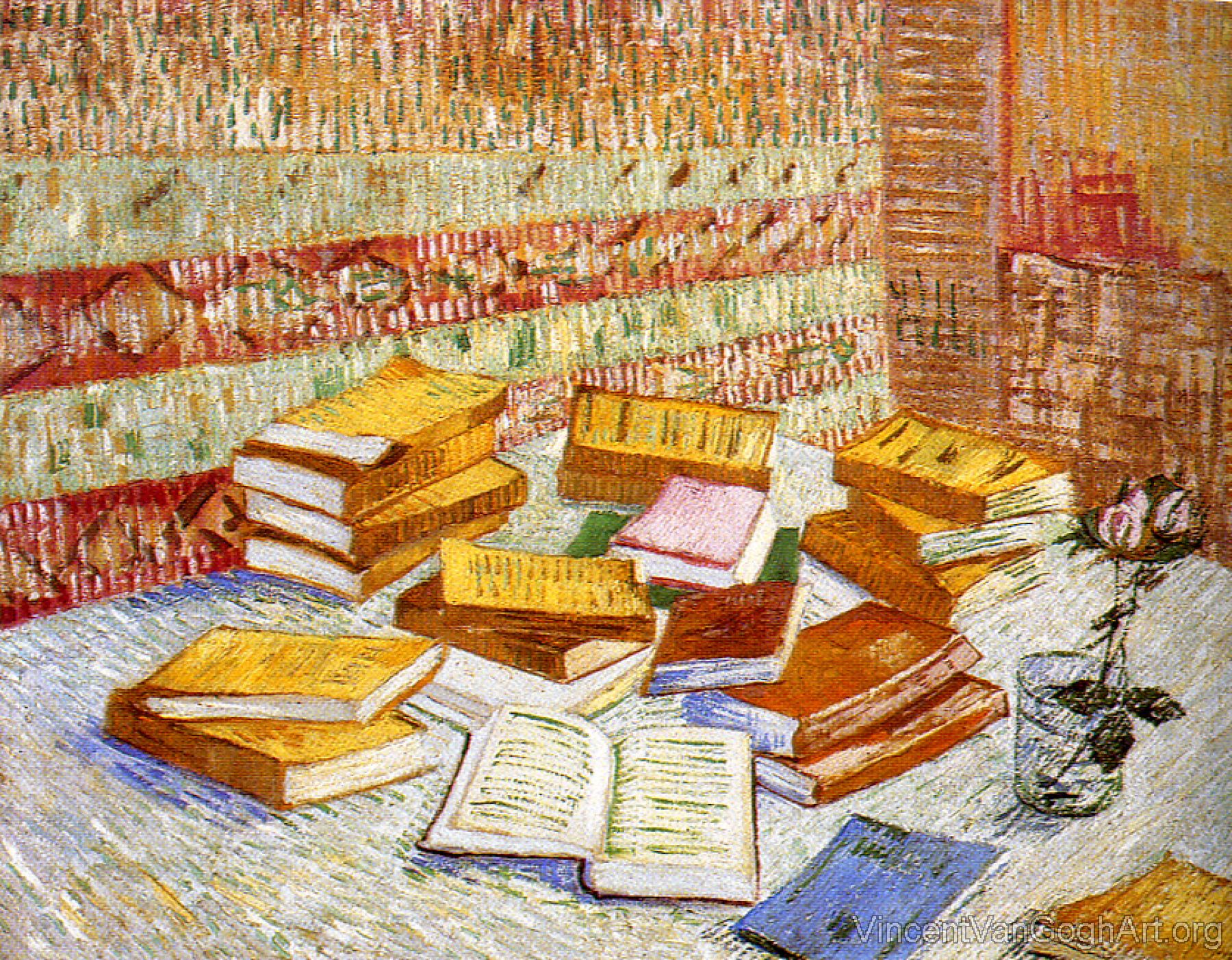 Piles of French Novels and a Glass with a Rose(Romans Parisiens)
